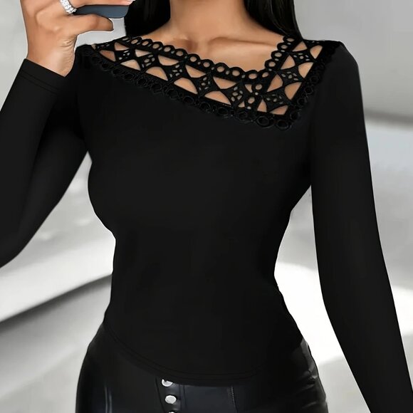 Asymmetric V-Neck Long Sleeves Pullover Top Shirt - Picture 1 of 7